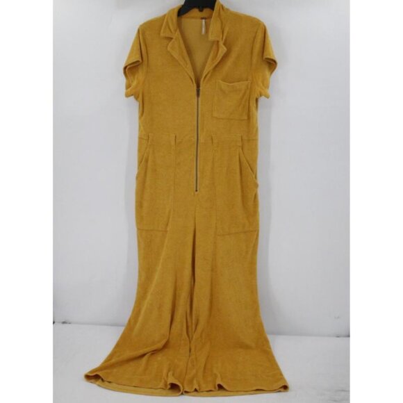 Free People Jumpsuit Womens Medium terry cloth Wide Leg Zip Up moonrise yellow - Picture 1 of 15